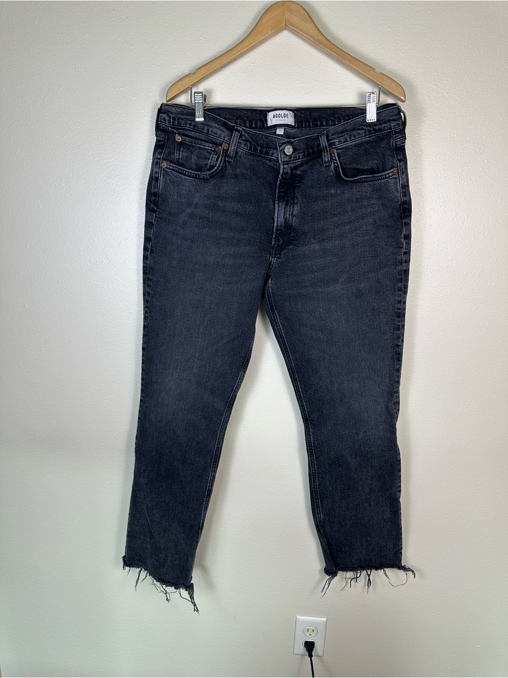 AGOLDE Women 33 Grunge Chic Black High-Rise Frayed Hem Ankle Skinny Jeans